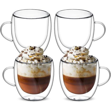 Ensemble de 4 tasses à café en verre à double paroi, avec anse, isothermes et transparentes. (1/5)