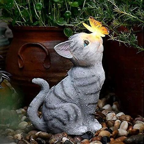 Décoration de jardin en forme de chat, guirlande lumineuse solaire papillons pour balcon, adorables ornements en résine représentant des chats et des papillons, guirlande lumineuse solaire créative po (1/5)