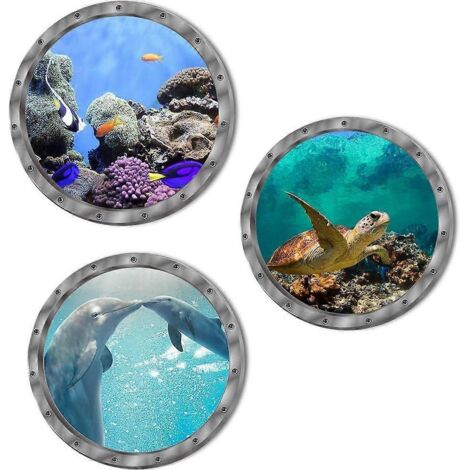 Lot de 3 stickers muraux 3D sur le thème de la mer, tatouages muraux sous-marins, pour salles de bains, chambres, portes, chambres d'enfants, y compris portes sur le thème de la mer, autocollants. (1/5)