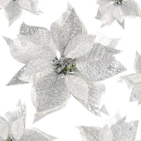 Lot de 12 poinsettias artificiels à paillettes argentées (1/5)