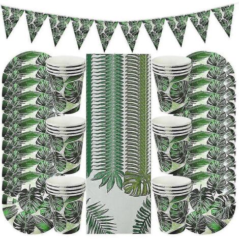 61 pièces de vaisselle en papier à motif de feuilles de palmier pour une fête hawaïenne (luau), thème tropical, été, anniversaire. (1/5)