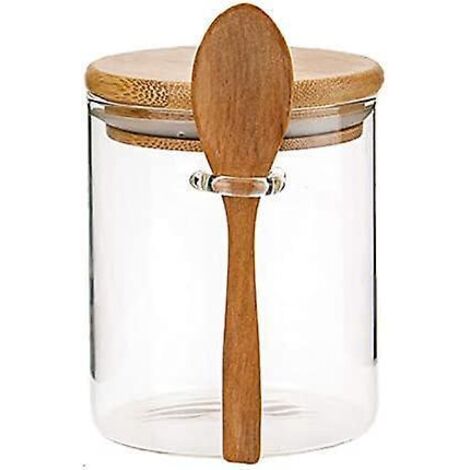 Boîte alimentaire hermétique en verre avec couvercle en bois à roulettes, récipient de rangement pour bonbons, boîte en bambou et cuillère en bois. (1/5)