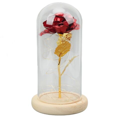 Rose 2024 sous cloche en verre, symbole de chance et de beauté, rose romantique et enchantée avec lumière LED pour la Saint-Valentin, rose rouge à feuilles d'or (1/5)