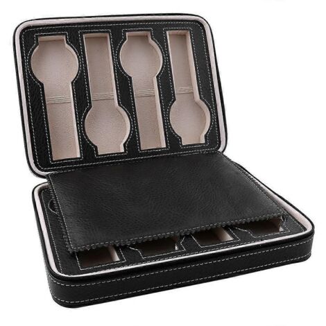 Boîte de rangement de montres en cuir PU noir, 8 compartiments, 1 pièce (1/5)