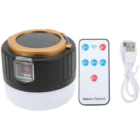 Lampe solaire de camping à trois modes, rechargeable par USB, LED lumineuse pour tente, idéale pour les situations d'urgence en extérieur, noir et or. (1/5)