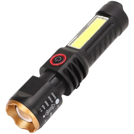 Lampe torche rétractable d'extérieur 2024, puissante et longue portée, rechargeable par USB-C, idéale pour le camping et la randonnée, avec anneau noir et doré. (1/5)