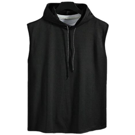 Débardeur à capuche sans manches pour homme, idéal pour la salle de sport. Polyester doux pour la peau, couleur noire unie, taille L. (1/5)