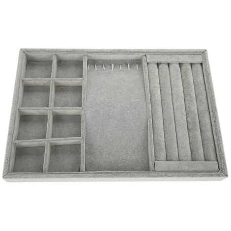 Plateau de présentation pour bagues, boucles d'oreilles et colliers, en velours gris clair (2 couleurs). (1/5)
