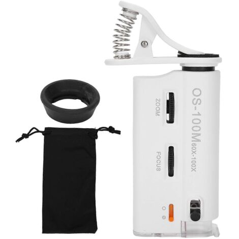 Microscope portable à clip pour smartphone, grossissement 60x/100x, avec lampe UV LED et lampe UV LED. (1/5)