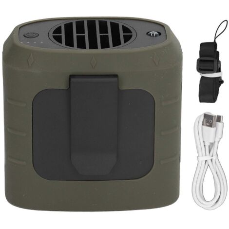Mini ventilateur portable de taille, alimenté par batterie 8000 mAh, à porter autour du cou, avec 3 vitesses et un flux d'air puissant. Compatible avec les chantiers et la pêche. Vert armée. (1/5)