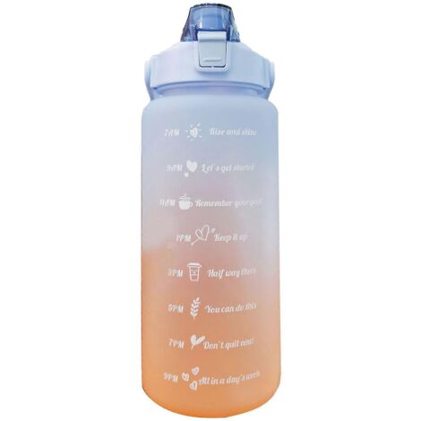 Gourde 2024 Straw Bottle anti-fuite, couleur dégradée givrée, ouverture facile par simple pression, avec poignée et graduation transparente, 2000 ml, bleu clair (1/5)
