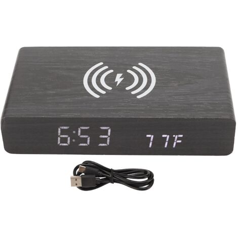 Horloge en bois noir, décoration numérique, éclairage LED blanc, avec chargement sans fil, pour chambre à coucher (1/5)