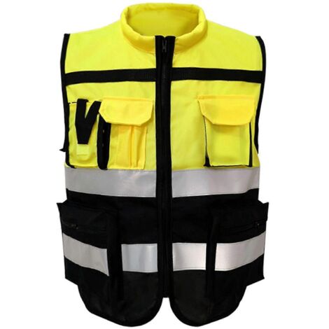 Gilet de sécurité réfléchissant haute visibilité, fermeture éclair frontale, col souple, poches, jaune et noir, taille XXL 180 (1/5)