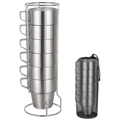 Ensemble de 6 tasses à café empilables avec support, en acier inoxydable 304, à double isolation, idéales pour le café, le thé au lait, le camping et les pique-niques en plein air. (1/5)