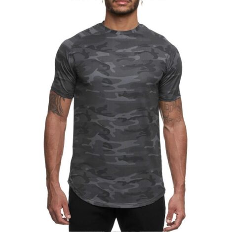 T-shirt de sport pour homme, doux pour la peau, séchage rapide, respirant et confortable, col rond, idéal pour la course et le yoga, camouflage noir, taille L. (1/5)