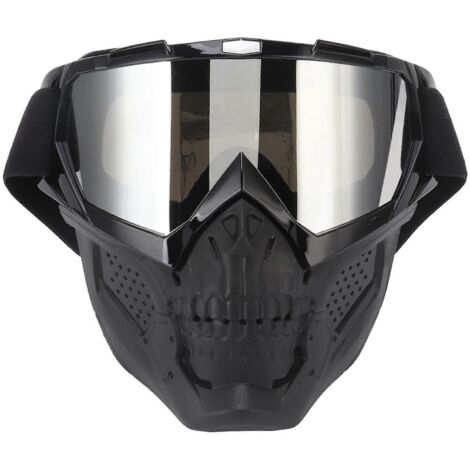 Masque de protection moto Skull 2024, monture noire, verres argentés, en mousse PC détachable et réglable, idéal pour le tout-terrain et la randonnée. (1/5)
