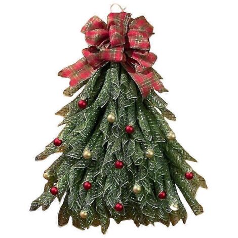 Couronne de Noël artisanale pour porte d'entrée, décorations de suspension pour couronne de Noël - avec un nœud à carreaux clair (1/5)