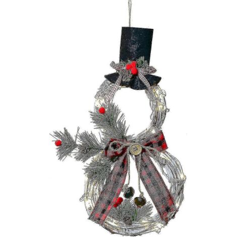 Couronne de Noël lumineuse exquise - Couronne de vigne de 40 x 20 cm avec chapeau et nœud, en forme de bonhomme de neige, pour la décoration de porte d'entrée ou de mur. (1/5)