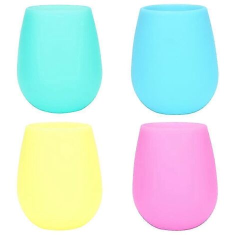 Lot de 4 verres à vin en silicone incassables et réutilisables, pouvant être congelés, pour les fêtes et les pique-niques (bleu, rose, jaune, vert). (1/5)