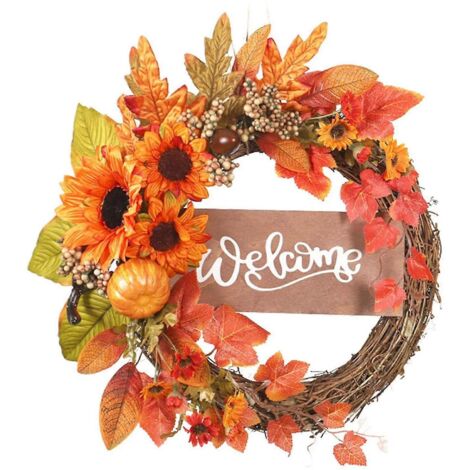 Couronnes d'automne pour porte d'entrée. Couronnes artificielles sur le thème de la récolte d'automne, ornées de citrouilles, de feuilles d'érable et de baies (voir photos). (1/5)