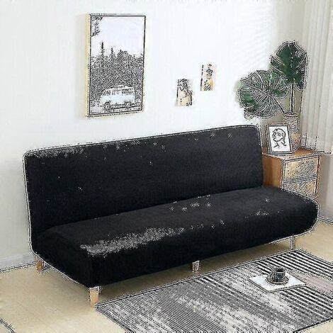 Housse de canapé-lit sans accoudoirs, extensible et pliable, en jacquard noir, taille S (longueur 120-150 cm), anti-poussière et amovible. (1/5)