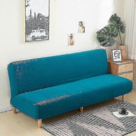 Housse de canapé-lit sans accoudoirs, extensible et pliable, en jacquard, taille S (longueur 120-150 cm), bleue. (1/5)