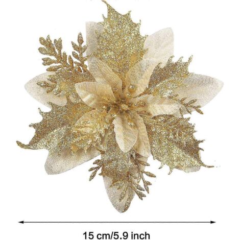 Lot de 12 fleurs de Noël pailletées (15 cm) avec 12 poinsettias artificiels dorés pour sapin de Noël (1/4)