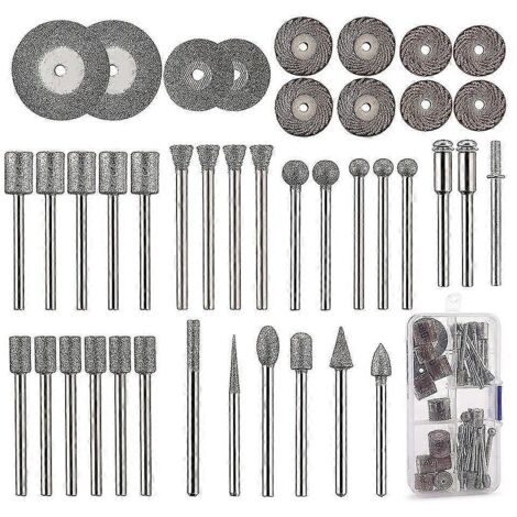 Kit de sculpture sur pierre 43 pièces, comprenant 26 fraises diamantées, 10 hélices, 4 disques de coupe diamantés et 3 mandrins métalliques (voir illustration). (1/5)