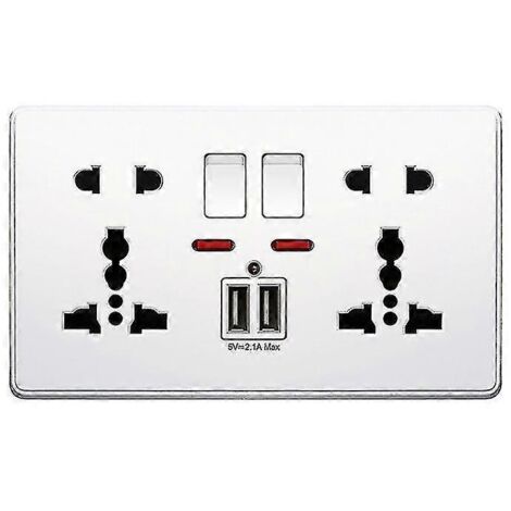 Prise murale multifonction 13 A avec bouton-poussoir, deux ports de charge USB 2,1 A, trois et deux trous. (1/4)