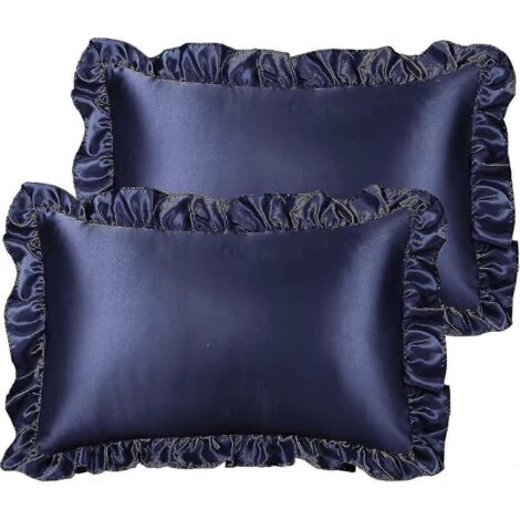 Ensemble de 2 taies d'oreiller à volants de luxe, housse d'oreiller rétro en satin soyeux avec volant, taies d'oreiller en satin 85 g/m² avec fermeture enveloppe, tailles standard et king, bleu marine (1/5)