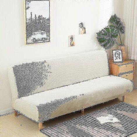 Housse de canapé-lit sans accoudoirs, extensible et pliable, en jacquard, blanche, taille S (longueur 120-150 cm), anti-poussière et amovible. (1/5)