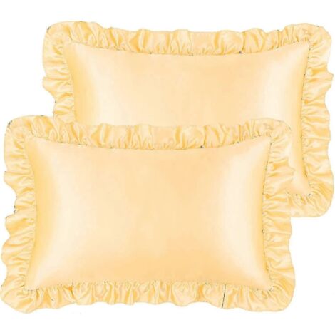 Ensemble de 2 taies d'oreiller à volants de luxe, housse d'oreiller rétro en satin soyeux avec volant, taies d'oreiller en satin 85 g/m² avec fermeture portefeuille - Standard - Or (1/5)