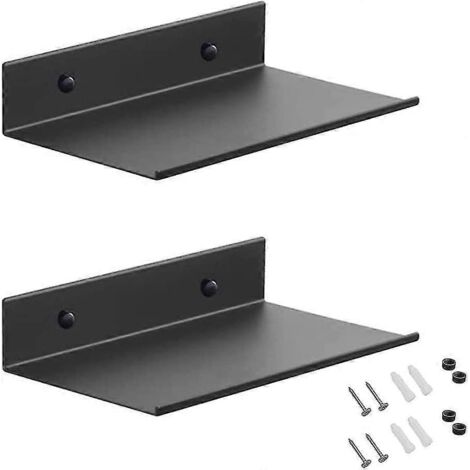 Étagères murales métalliques 2024, lot de 2 étagères flottantes noires de 20 cm, étagère de douche murale, étagère rectangulaire murale avec trous et vis pour le salon. (1/5)