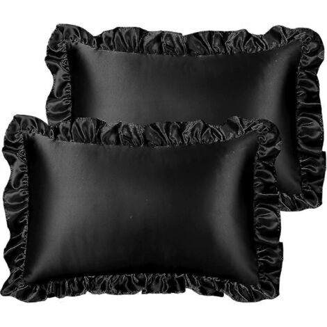 Lot de 2 taies d'oreiller à volants de luxe, style rétro, en satin soyeux avec volants, 85 g/m², fermeture portefeuille, format standard 45 x 45 cm, noir. (1/5)
