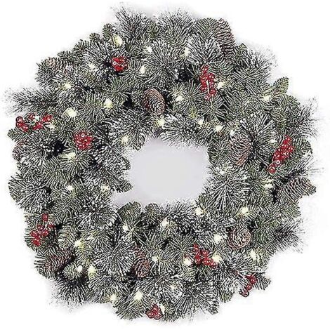 Couronne de Noël artificielle pré-illuminée pour porte d'entrée, décorée de pommes de pin, de grappes de baies et de branches givrées. Décoration de Noël pour l'intérieur et l'extérieur de la maison. (1/5)