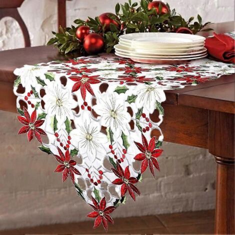 Chemin de table brodé de Noël, chemin de table luxueux avec houx et poinsettias pour décorations de Noël, 37 cm (14,5 x 68,89 pouces). (1/5)