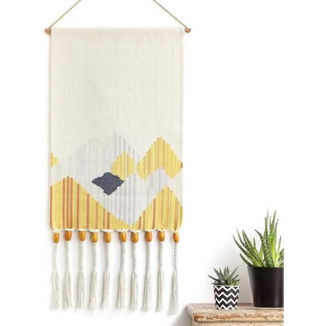 Tapisserie murale suspendue tissée à la main, jaune et beige, en macramé, style aztèque, décoration bohème chic, art mural abstrait de montagne, accessoire décoratif (1/5)