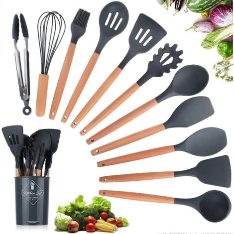 Ensemble d'ustensiles de cuisine en silicone, 11 pièces, manches en bois, spatules avec support (gris foncé) (1/4)