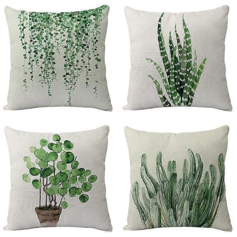 Ensemble de 4 taies d'oreiller décoratives peintes à la main à l'aquarelle, motif aloès, feuilles vertes et plantes vertes. Taies d'oreiller carrées standard pour la décoration intérieure. (1/4)