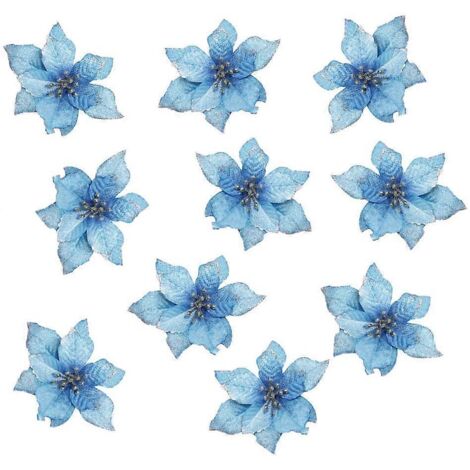 Fleurs de Noël artificielles pour mariage, décorations de sapin de Noël pailletées (10 pièces) (Bleu) (1/3)