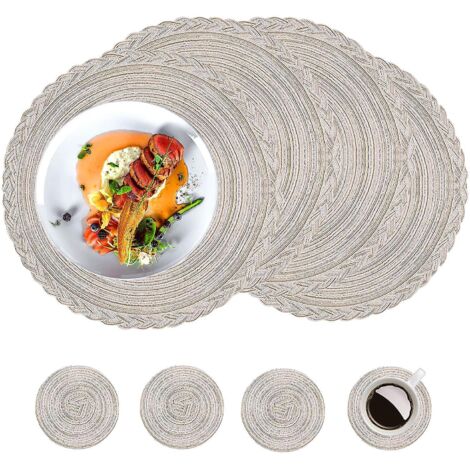 Set de 8 sets de table 2024, sets de table ronds tressés, 38 cm, antidérapants et lavables. (1/4)