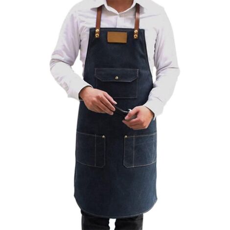 Tablier de cuisine en denim, tablier de serveur, 3 poches, unisexe, 78 x 60 cm, couleur marine. (1/5)