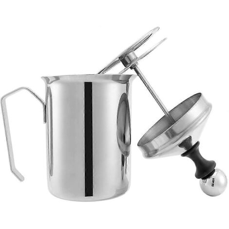Mousseur à lait manuel en acier inoxydable à double maille de 500 ml avec stylo pour latte art, dimensions 8 x 8 x 18 cm. (1/5)