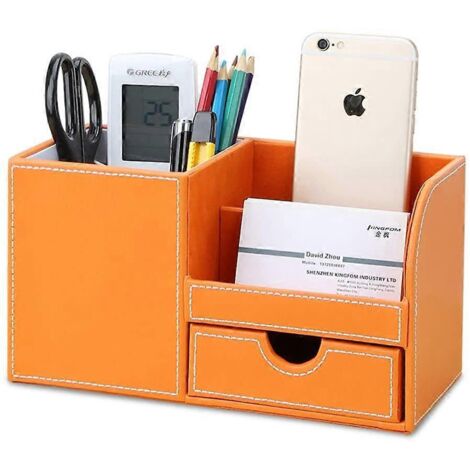 Boîte de rangement multifonctionnelle en cuir et structure en bois pour stylos/crayons, téléphone portable, cartes de visite et télécommande. (1/5)