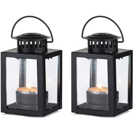 Lanterne de jardin 2024, lot de 2 petites lanternes suspendues style vintage, bougie chauffe-plat noire (1/5)