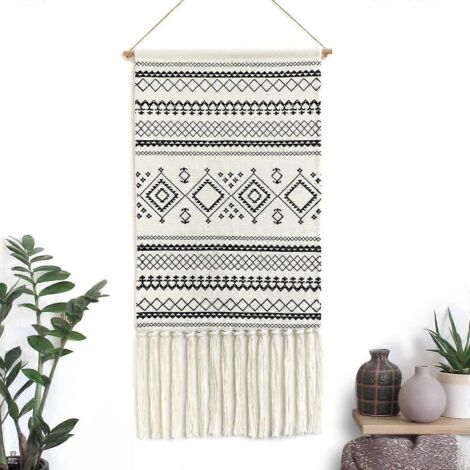 Tapisserie murale en macramé tissé - Décoration bohème chic et géométrique - Décor de porte pour appartement ou chambre d'étudiant (1/4)