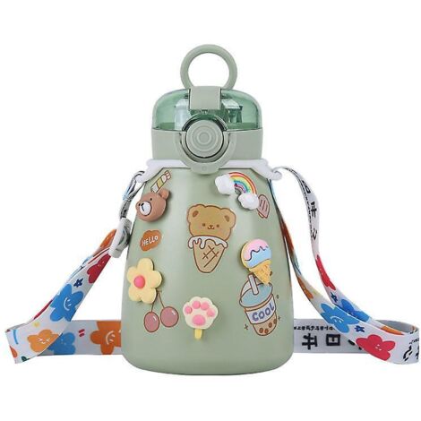 Gourde Kawaii, paille et grande tasse isotherme (500 ml, verte) (1/5)