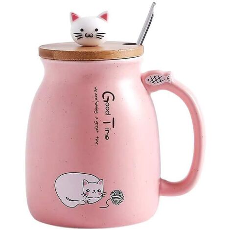 Tasse à café en céramique 2024Cat avec adorable chaton, couvercle en bois et cuillère en acier inoxydable, cadeau original pour bien commencer la journée. (1/5)