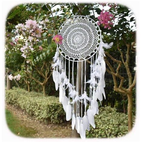 Grand attrape-rêves bohème avec plumes blanches, suspension murale en macramé pour mariages à thème vintage ou décoration intérieure, cercle de 35 cm de diamètre, 115 cm (1/5)