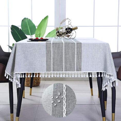 Nappe pour tables rectangulaires, imperméable, infroissable, à franges, en lin et coton lavable (1/5)